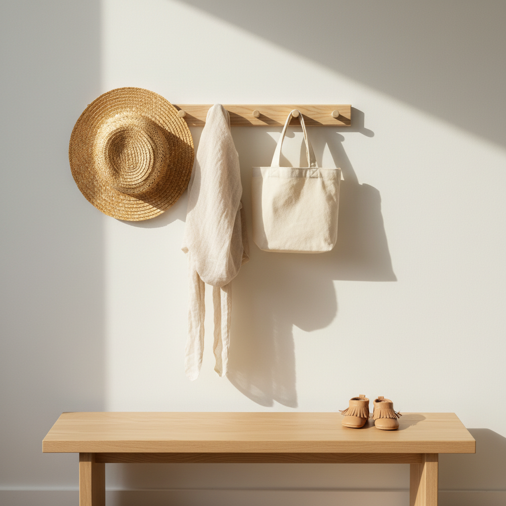 A simple, unpainted pine peg rail mounted on a smooth, warm white wall, holding three thoughtfully chosen items: a straw sun hat with a wide, floppy brim; a lightweight, undyed linen baby sling folded into gentle curves; and a small canvas tote with the slightest crumple in its fabric. Below, a single pair of tiny leather baby moccasins in soft tan rests on a pale oak bench. Early morning light streams in from the right, creating tender, elongated shadows and emphasizing natural textures. Captured in photographic realism at eye level with asymmetric composition and generous negative space, the image feels aspirational yet grounded, encapsulating a slow, simple approach to motherhood and daily routines.