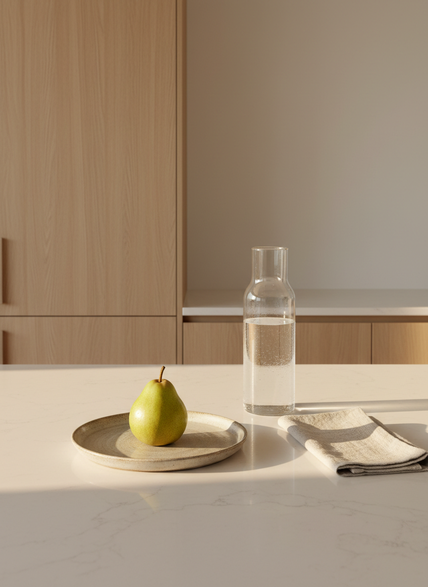 A minimalist kitchen counter in warm, off-white quartz holding a single, perfectly ripe pear on an unglazed ceramic plate beside a neatly folded oatmeal-colored linen cloth. Behind it, a tall, slender glass carafe of water stands partially filled, droplets clinging to its surface. The background reveals only clean, handleless light-wood cabinets and an empty wall, emphasizing absence of clutter. Late afternoon natural light pours in from the left, creating a golden, soft-edged shadow of the pear and gentle highlights along the carafe. Shot in photographic realism from an eye-level perspective with an airy, spacious composition, the mood is grounded, nurturing, and sophisticated, suggesting nourishing, minimalist routines for family life.