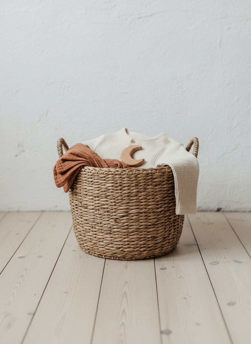 A woven seagrass basket with structured sides, half-filled with neatly folded baby essentials: a cream waffle-knit onesie, a muslin swaddle in muted clay tones, and a single wooden teether shaped like a small moon. The basket sits on wide, matte-finished pine floorboards against a bare, chalky white wall. Soft overcast daylight from a nearby window creates diffuse, shadowless illumination, emphasizing the natural fibers and subtle textures. Photographed from a slightly elevated angle with the basket centered but ample negative space surrounding it, the photographic image feels serene, curated, and quietly luxurious, perfectly reflecting minimalist, unconventional mamahood and the beauty of owning fewer, better things.