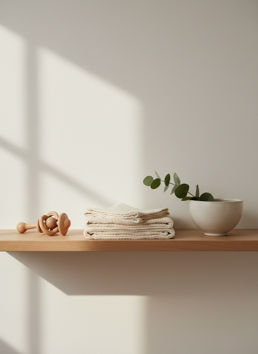 A carefully curated minimalist nursery shelf featuring a single hand-carved wooden rattle, a folded cream organic cotton swaddle, and a matte stoneware bowl holding a sprig of eucalyptus. The shelf is a smooth, pale oak plank floating on a warm white wall, free of clutter. Soft morning light from an unseen window grazes the objects, casting gentle, elongated shadows and highlighting wood grain and fabric texture. Photographed at eye level with a shallow depth of field, the background softly blurs into pure calm. The atmosphere feels serene, intentional, and sophisticated, embodying a photographic realism and clean, modern aesthetic suited to a minimalist motherhood blog header.