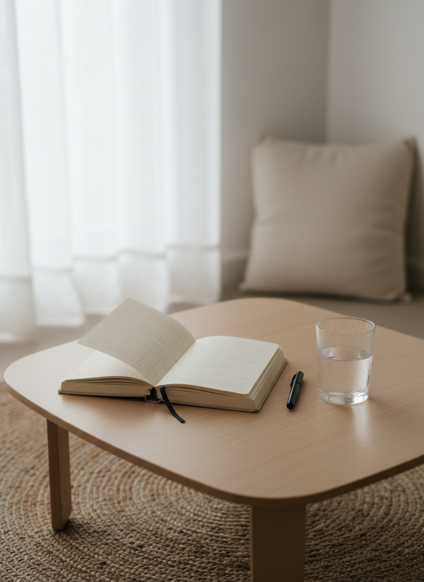A low, unvarnished birch coffee table with rounded edges holding a single open linen-bound journal, a simple black ink pen, and a small clear glass of water with condensation beading on the surface. The table rests on a natural jute rug in a bright, uncluttered living room with only a neutral cotton floor cushion in the background. Diffused daylight filters through sheer white curtains, bathing the scene in soft, even illumination and creating subtle reflections on the glass. Captured from a slightly elevated angle with rule-of-thirds composition and gentle bokeh, the photographic image feels calm, reflective, and sophisticated, conveying the quiet mental space of simple, intentional living in motherhood.